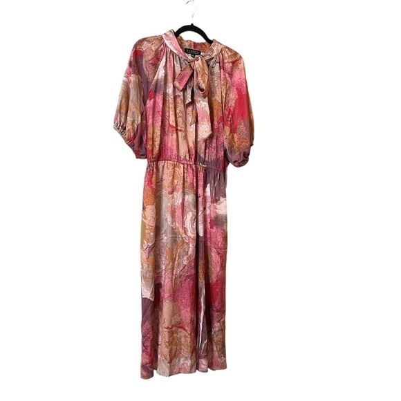 Eloquii Dresses & Skirts - NWT ELOQUII Pink Red & Tan  Long Tie Neck Elastic Waist Dress